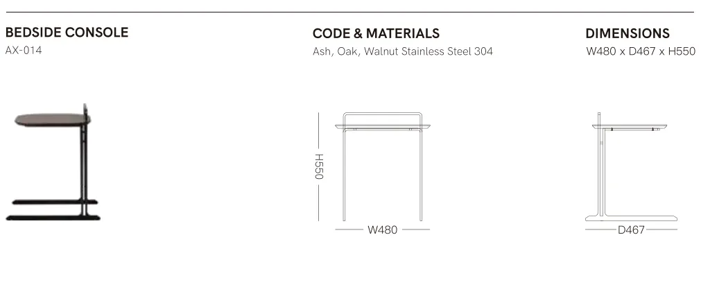 Source specification with model codes, materials, dimensions and drawings: AX-014