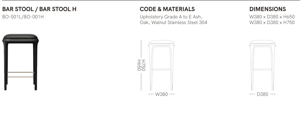 Source specification with model codes, materials, dimensions and drawings: BO-001L / BO-001H