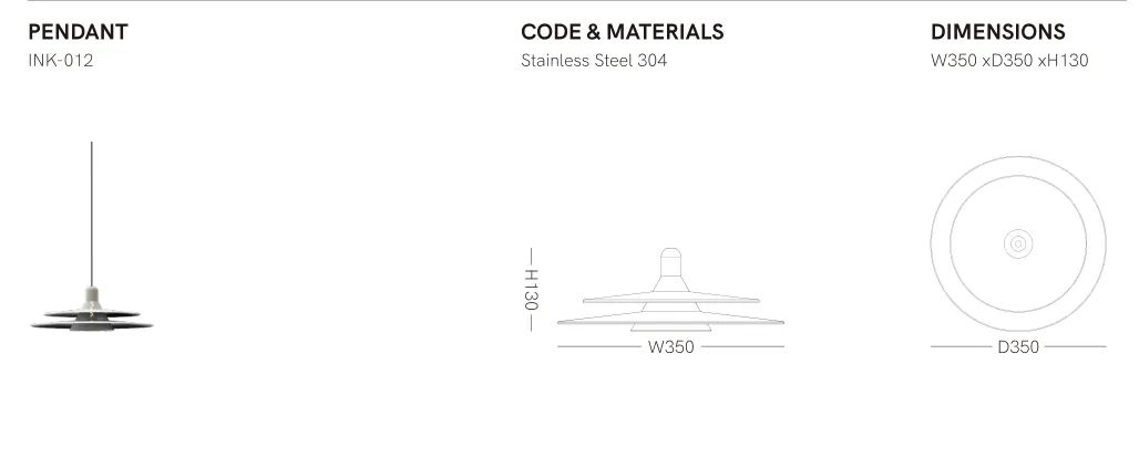 Source specification with model codes, materials, dimensions and drawings: INK-012