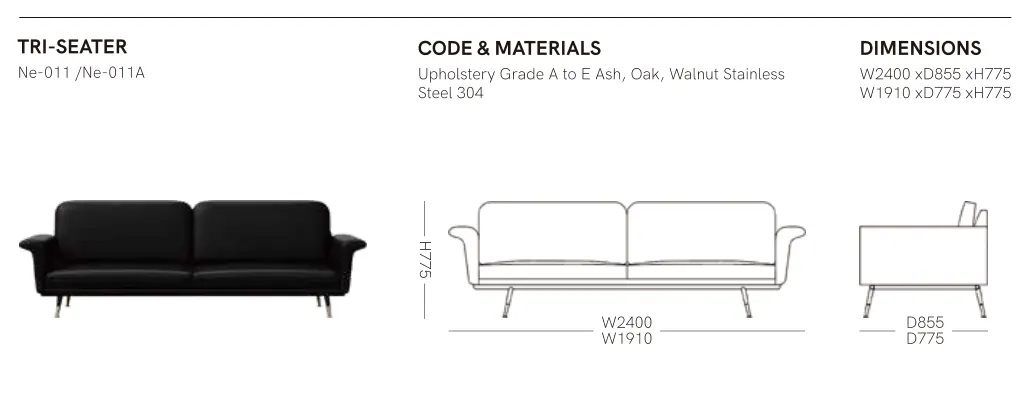 Source specification with model codes, materials, dimensions and drawings: NE-011 / NE-011A