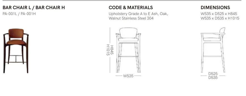 Source specification with model codes, materials, dimensions and drawings: PA-001L / PA-001H